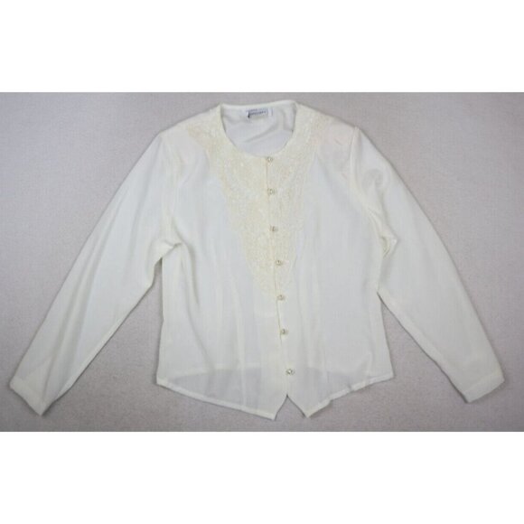 VINTAGE WOMEN'S IVORY WHITE LONG SLEEVE SILKY TEXTURED BLOUSE LACE TRIM SIZE 8P - Picture 1 of 9